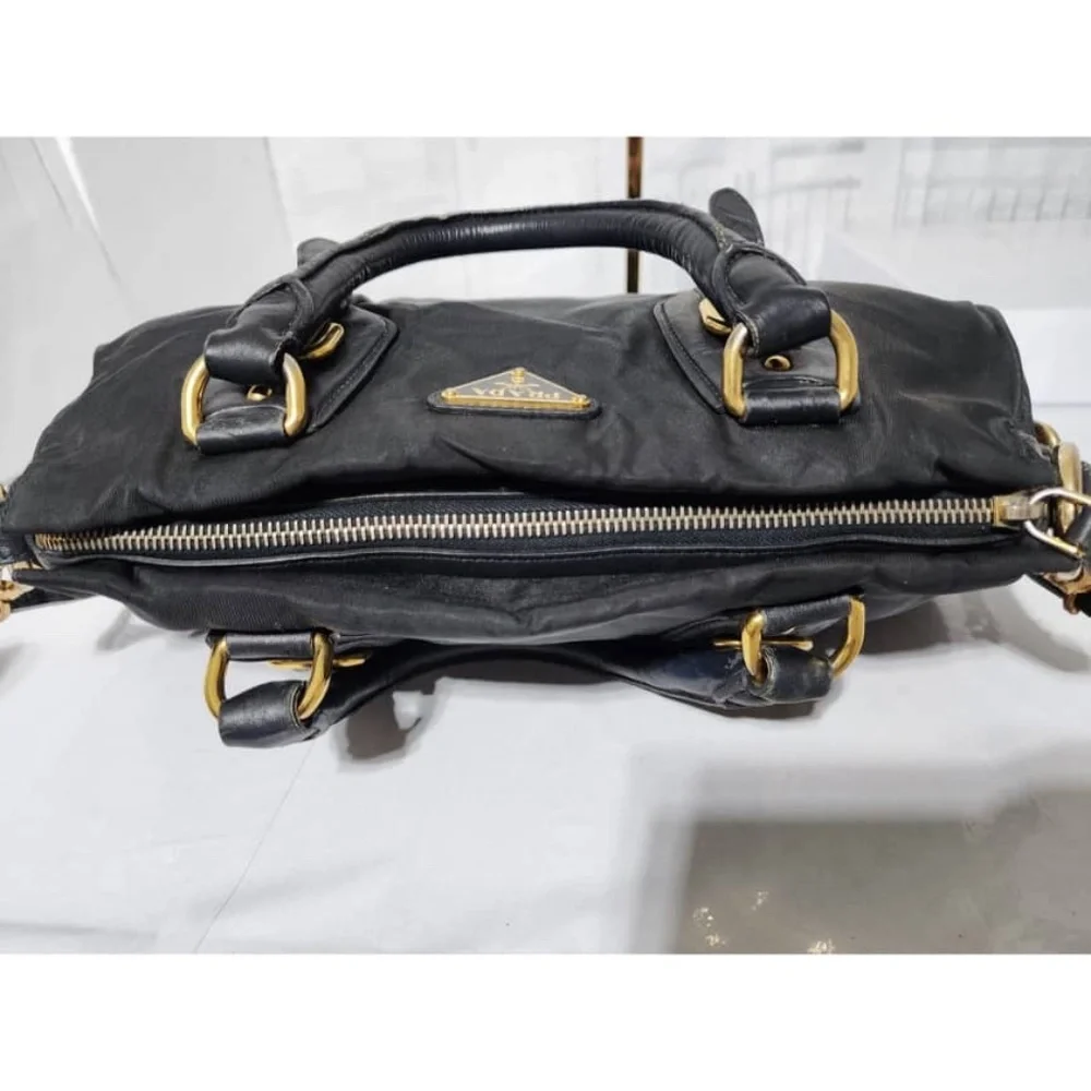 Authentic PRADA Tessuto Nylon And Leather Bauletto Bag Black